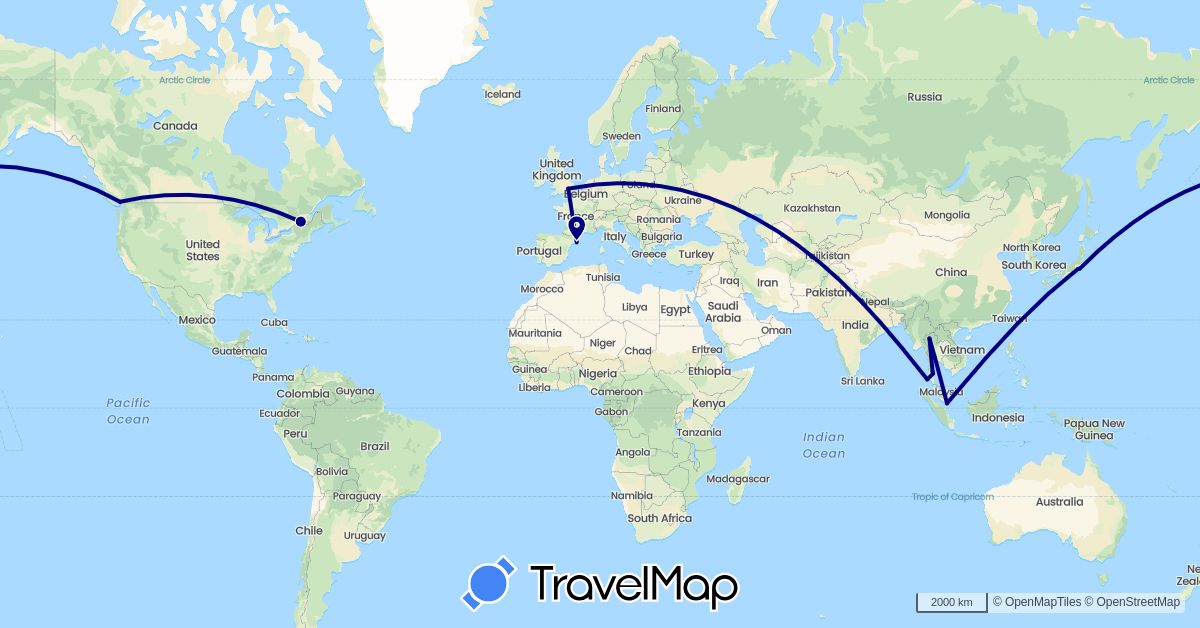 TravelMap itinerary: driving in Canada, Spain, United Kingdom, Japan, Singapore, Thailand (Asia, Europe, North America)